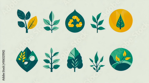 Create a visually appealing collection of eco-friendly logos that represent sustainability, nature, and environmentally conscious living photo