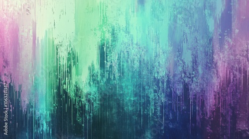 bstract digital glitch art featuring a gradient of green, blue, and purple colors with pixelated and textured patterns.