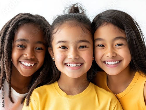 Group of three cute African American and Asian girls smiling brightly, showing their healthy white teeth while making direct eye contact with the camera Isolated on white background