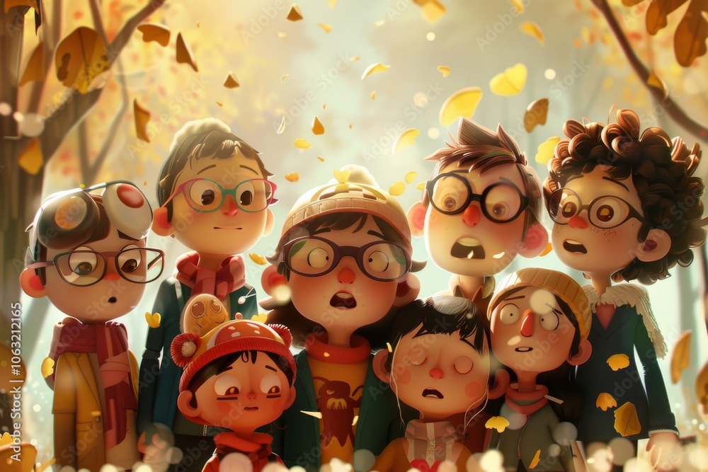 Group of children in the autumn forest. Elements for design. Group of children in the autumn forest. Elements for design.