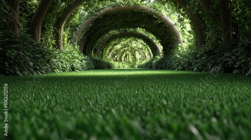 Winding through lush greenery, a garden archway leads into endless scenery, exuding a sense of peaceful serenity and harmonious connection with nature. photo