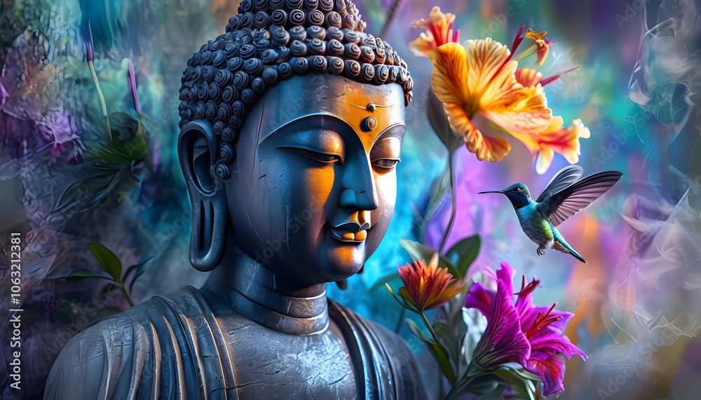 Serene Buddha Statue with Colorful Flowers and Hummingbird, Spiritual Tranquility Serene Buddha Statue with Colorful Flowers and Hummingbird, Spiritual Tranquility