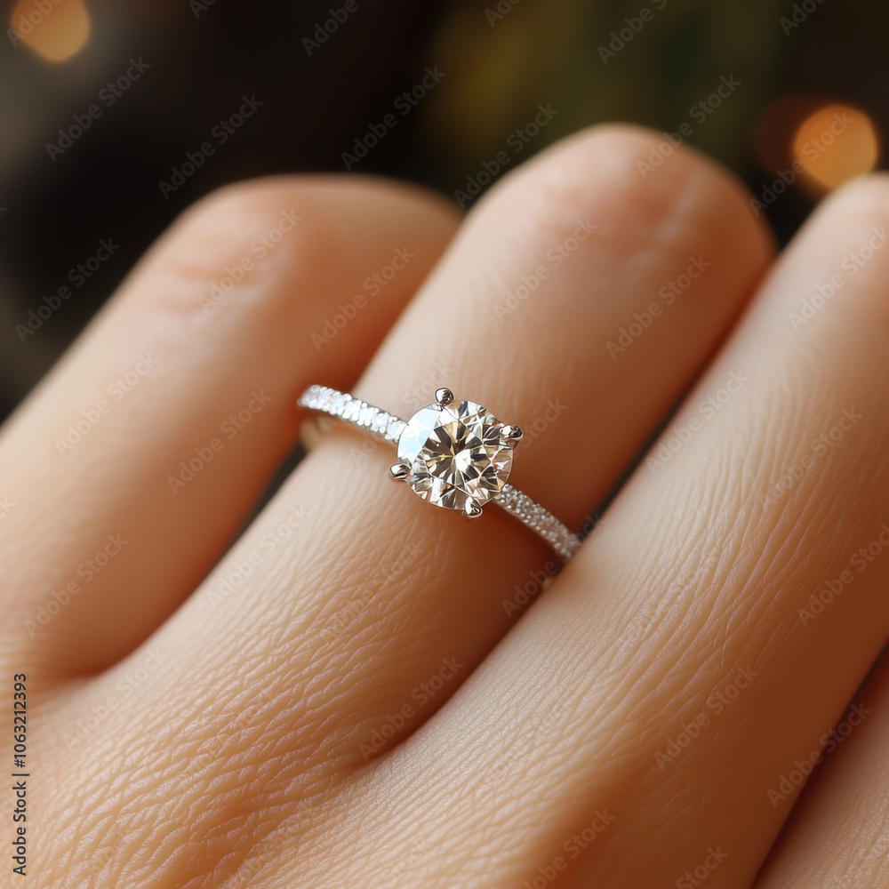 Close up of an elegant engagement diamond ring on woman finger Close up of an elegant engagement diamond ring on woman finger