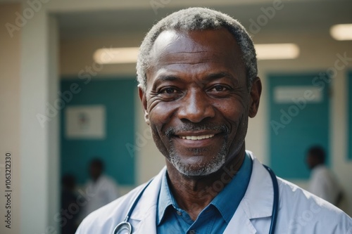 Close portrait of a smiling senior Equatorial Guinean man doctor looking at the camera, Equatorial Guinean hospital blurred background photo