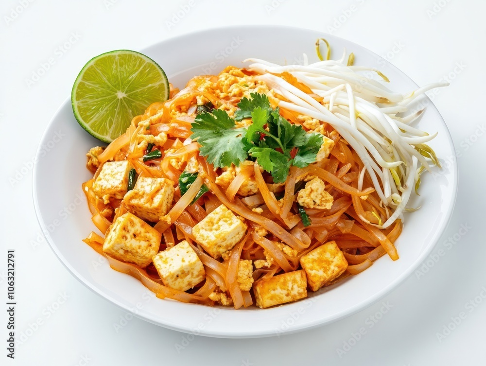 Pad Thai stir-fried with eggs, tofu, and bean sprouts, served with a garnish of cilantro and a lime wedge Isolated on white background Pad Thai stir-fried with eggs, tofu, and bean sprouts, served with a garnish of cilantro and a lime wedge Isolated on white background