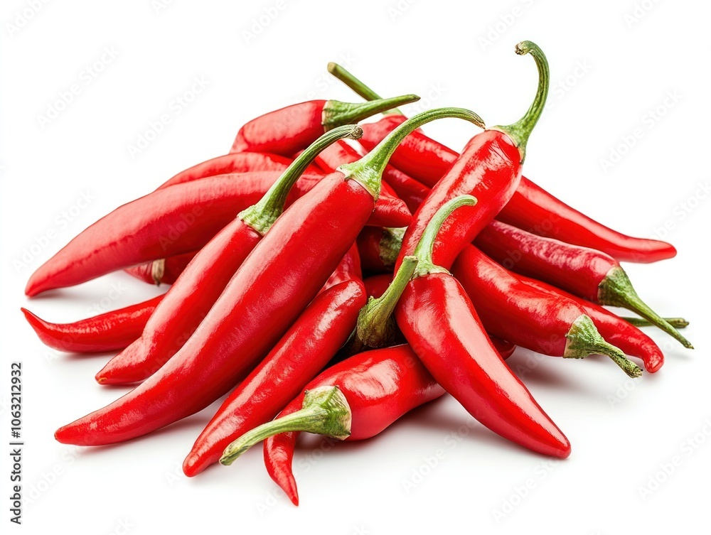 Pile of red chili peppers scattered, showing their long, slender shapes and bright color Isolated on white background Pile of red chili peppers scattered, showing their long, slender shapes and bright color Isolated on white background