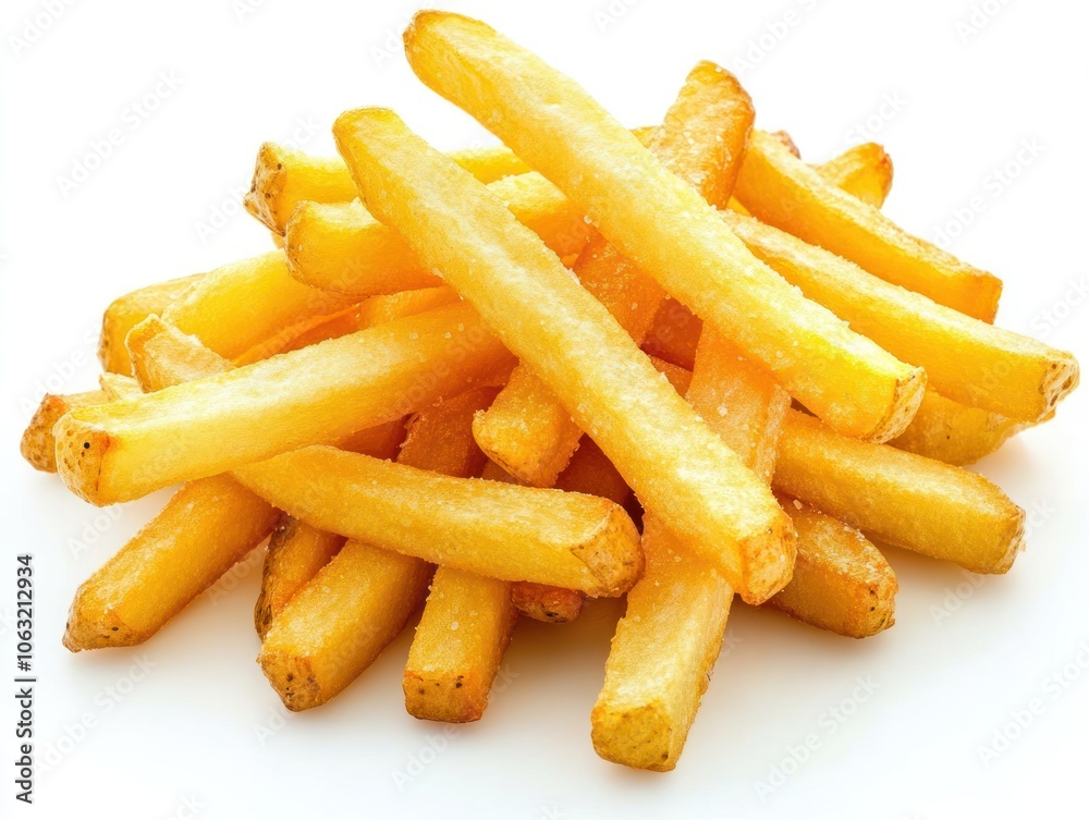 Pile of crispy golden French fries with a slightly salted exterior Isolated on white background Pile of crispy golden French fries with a slightly salted exterior Isolated on white background