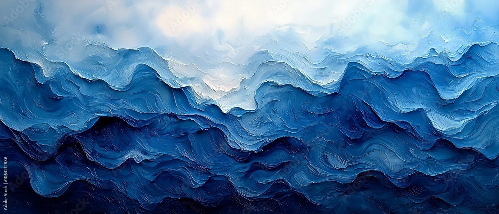 Abstract depiction of ocean waves in various shades of blue, creating a serene atmosphere. Abstract depiction of ocean waves in various shades of blue, creating a serene atmosphere.