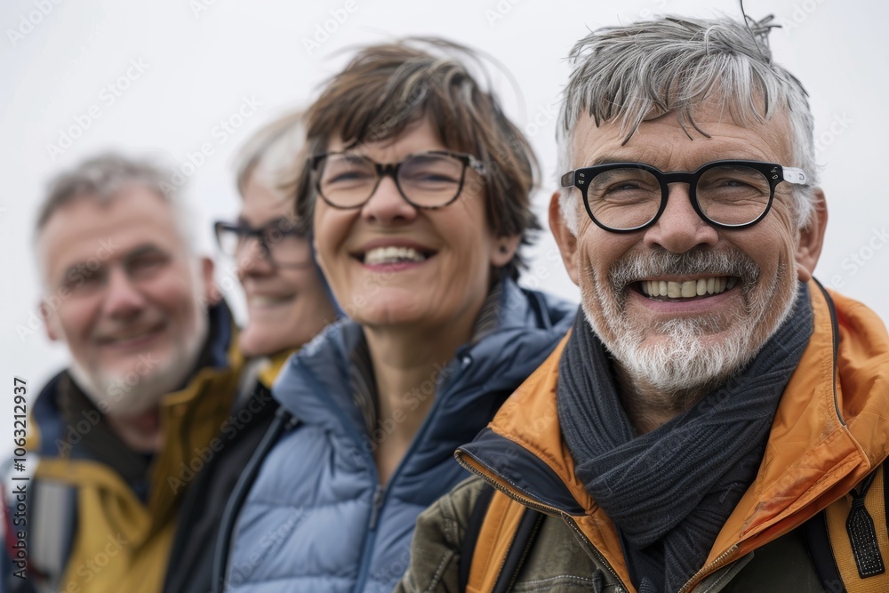 Group of senior friends standing in a row, looking at camera and smiling