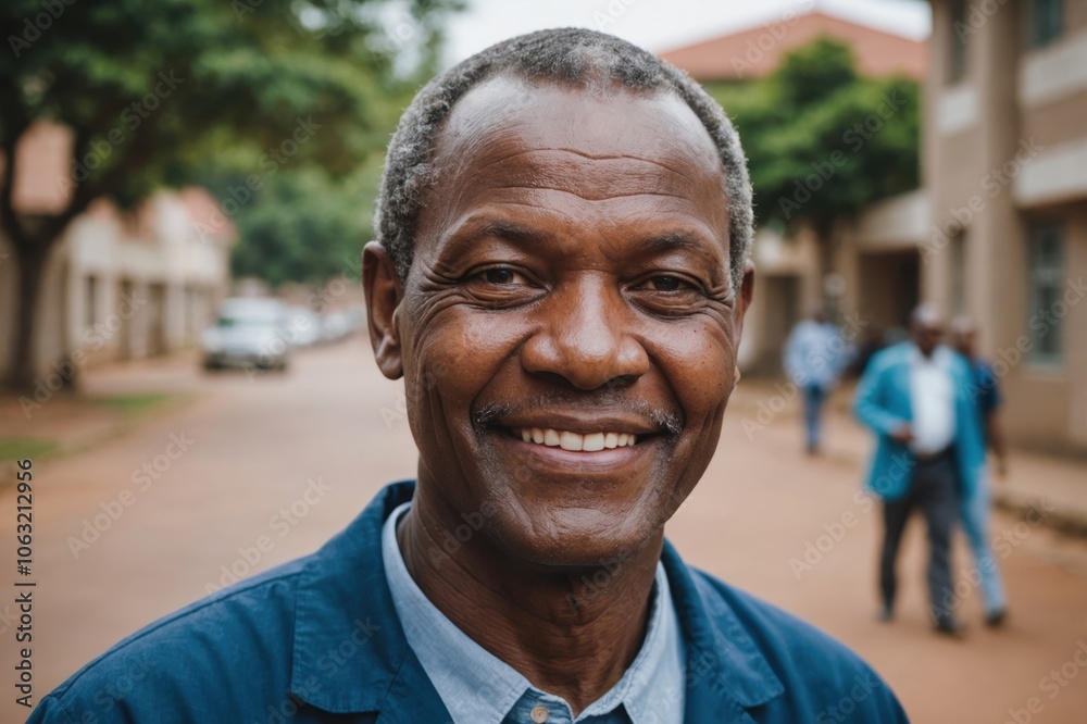 Close portrait of a smiling senior Eswatini man doctor looking at the camera, Eswatini hospital blurred background Close portrait of a smiling senior Eswatini man doctor looking at the camera, Eswatini hospital blurred background