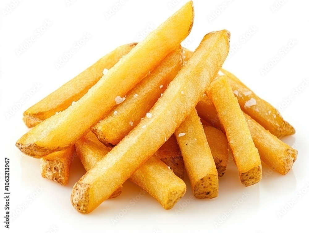 Pile of crispy golden French fries with a slightly salted exterior Isolated on white background
