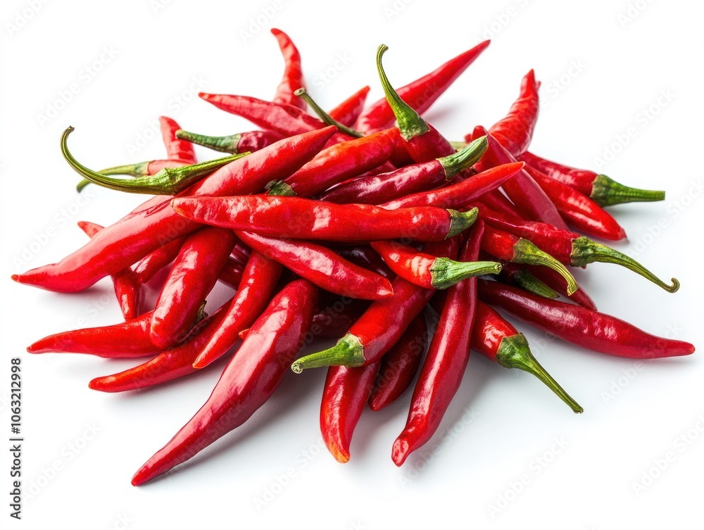 Pile of red chili peppers scattered, showing their long, slender shapes and bright color Isolated on white background Pile of red chili peppers scattered, showing their long, slender shapes and bright color Isolated on white background