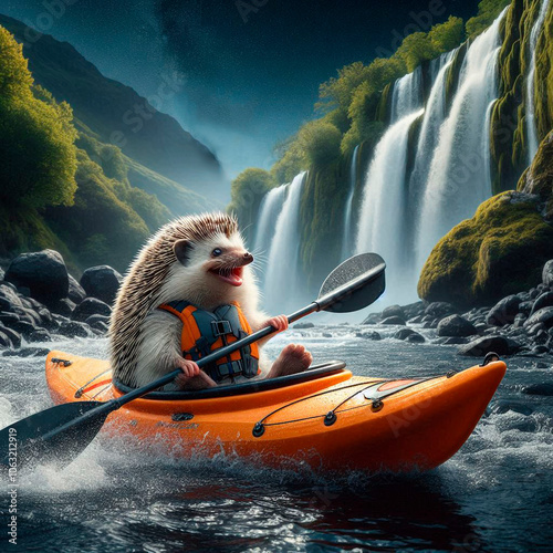 Hedgehog traveler in a kayak on a waterfall. photo