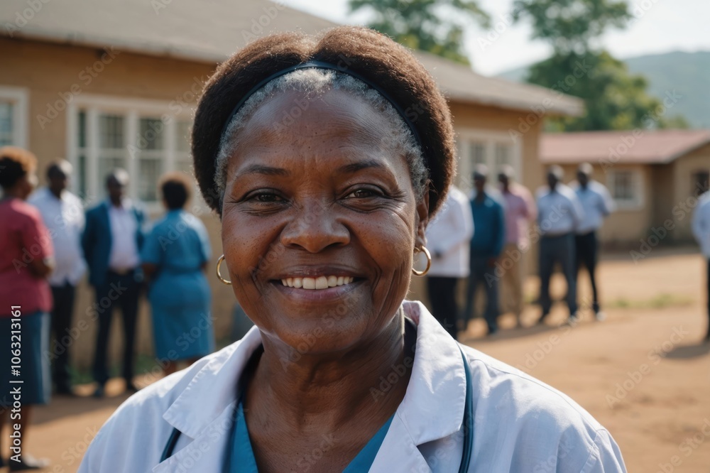 Close portrait of a smiling senior Eswatini woman doctor looking at the camera, Eswatini hospital blurred background Close portrait of a smiling senior Eswatini woman doctor looking at the camera, Eswatini hospital blurred background