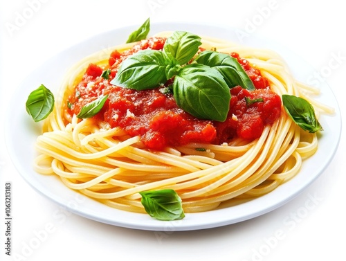 Plate of cooked spaghetti topped with a rich tomato sauce and garnished with fresh basil leaves Isolated on white background