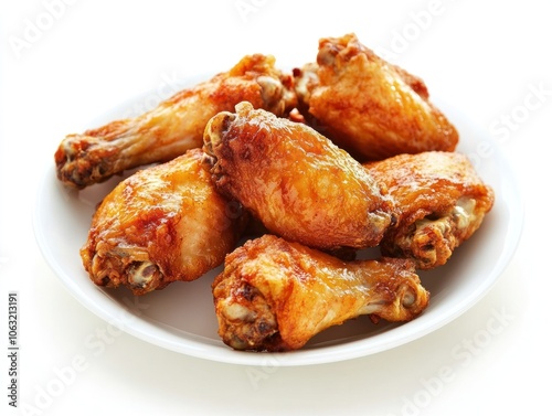 Plate of fried chicken wings with a perfectly crispy exterior and juicy interior Isolated on white background