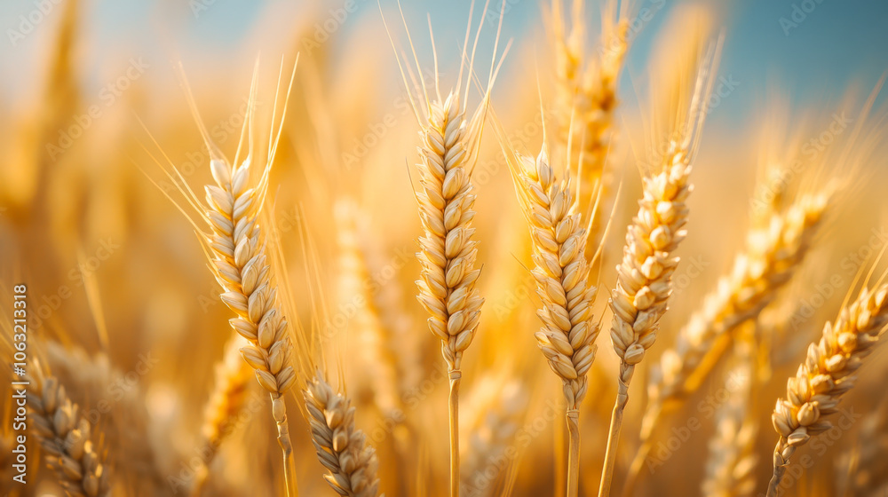 Wheat field with the sun. Golden wheat ears close-up. A fresh crop of rye Wheat field with the sun. Golden wheat ears close-up. A fresh crop of rye