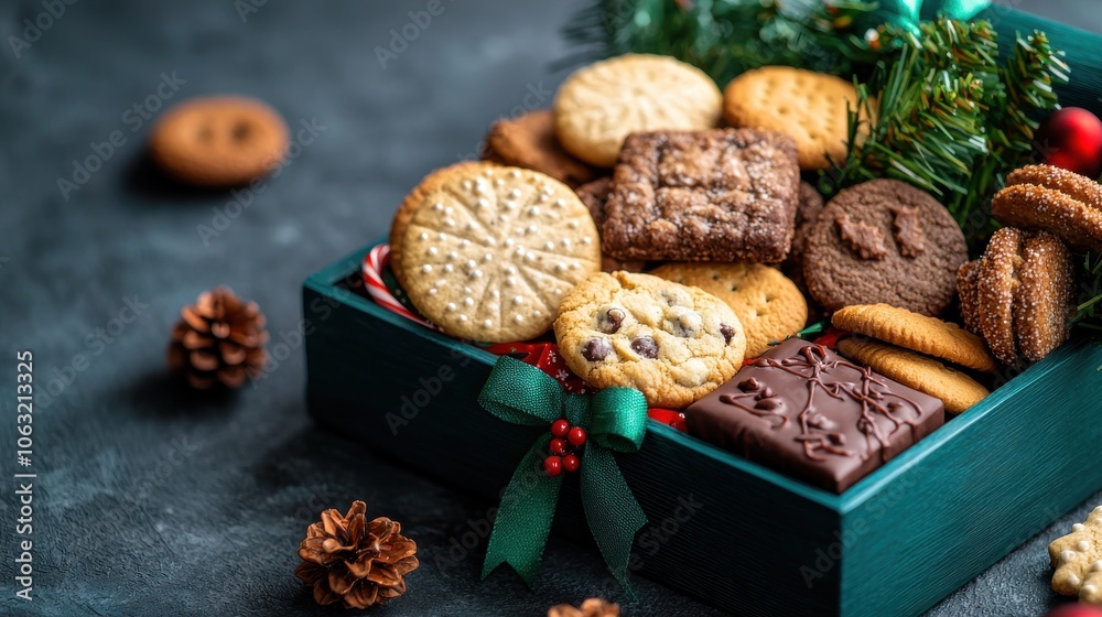 A beautifully arranged gift box filled with assorted cookies, garnished with festive pine and red berries, perfect for holiday celebrations. A beautifully arranged gift box filled with assorted cookies, garnished with festive pine and red berries, perfect for holiday celebrations.