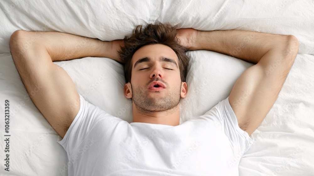 Man Asleep on White Sheets in Cozy Bedroom Setting Man Asleep on White Sheets in Cozy Bedroom Setting