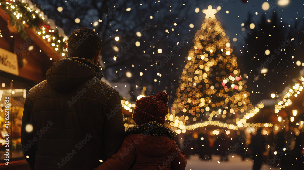 Obraz premium A father and child stand together in the snow, admiring a brightly lit Christmas tree in a festive outdoor holiday market. 