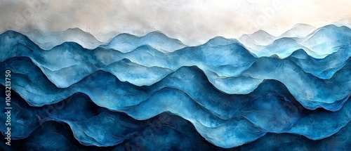 Abstract depiction of ocean waves in various shades of blue, evoking tranquility.