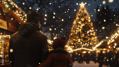 A father and child stand together in the snow, admiring a brightly lit Christmas tree in a festive outdoor holiday market.
