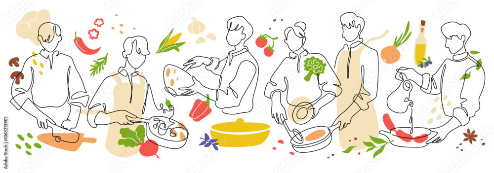 People cook. Food kitchen line art. Culinary chef logo or cafe poster. restaurant pattern. Man frying vegetables on stove. Woman cutting meat. Couple cooking together. Vector background People cook. Food kitchen line art. Culinary chef logo or cafe poster. restaurant pattern. Man frying vegetables on stove. Woman cutting meat. Couple cooking together. Vector background