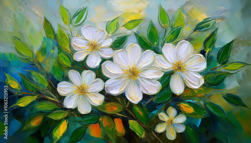 Fototapeta Naklejka Na Ścianę i Meble -  Abstract oil painting of white flowers. Floral art. Beautiful nature. Hand drawn