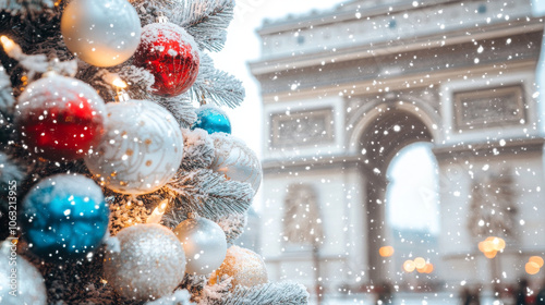 Festive Christmas tree adorned with red, blue, and silver ornaments in front of the Arc de Triomphe in Paris, with gentle snowfall creating a winter holiday scene.
 photo