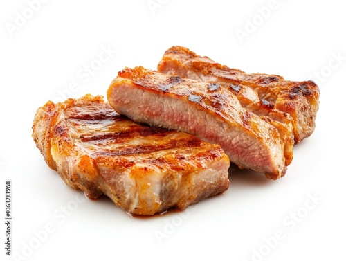 Sliced pork chop steak with a well-seared exterior revealing the juicy, tender inside of the meat Isolated on white background