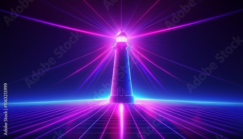 Futuristic Lighthouse with Glowing Neon Light Rays on Digital Grid Surface in Sci-Fi Cyber Landscape with Blue and Pink Illumination
