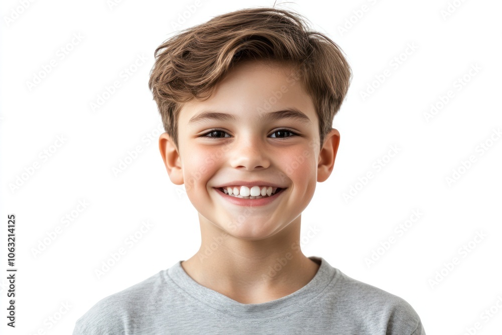 Smiling young boy showing healthy white teeth looking directly at the camera with short hair neatly styled Isolated on white background Smiling young boy showing healthy white teeth looking directly at the camera with short hair neatly styled Isolated on white background