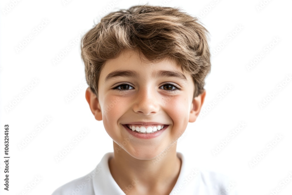 Smiling young boy showing healthy white teeth looking directly at the camera with short hair neatly styled Isolated on white background Smiling young boy showing healthy white teeth looking directly at the camera with short hair neatly styled Isolated on white background
