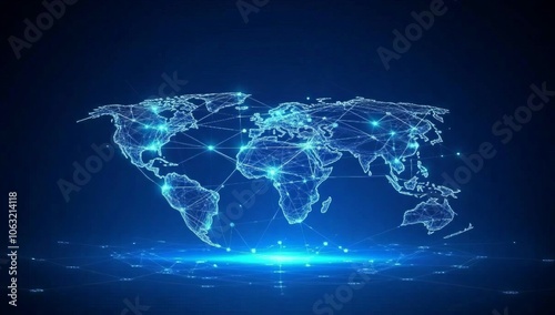 Abstract digital world map with global network connections and data transfer, blue background, concept of international business or connectivity technology. 8K resolution, photographic image.