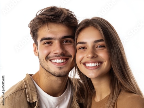 Smiling young couple standing close together, showing healthy white teeth and looking directly at the camera Isolated on white background