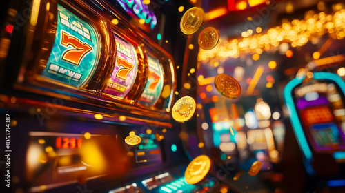 A slot machine displaying a winning combination with gold coins flying out, set in a vibrant casino atmosphere full of excitement and lights.
