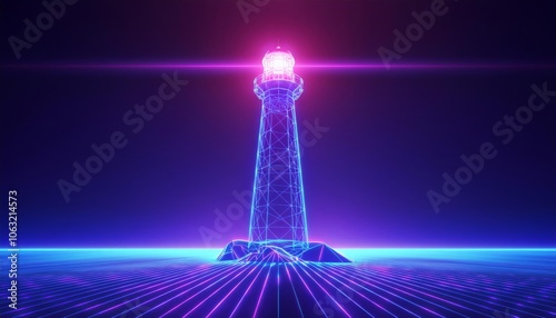 Futuristic Wireframe Lighthouse with Glowing Pink and Blue Light on Digital Grid Horizon in Abstract Neon Cyber Landscape Scene