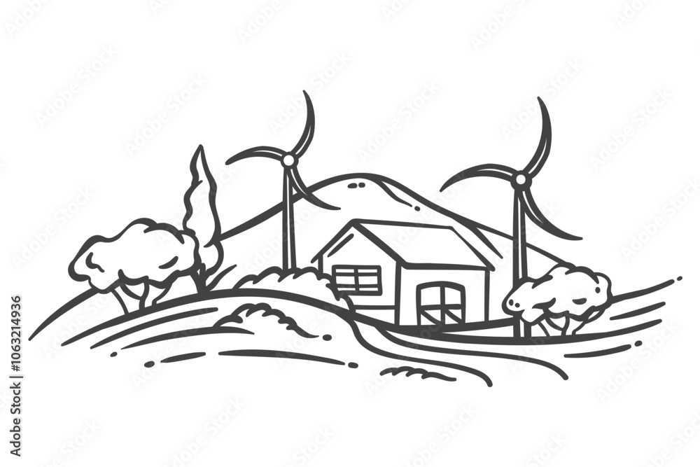 Fototapeta premium Farm house and wind turbines in village scene line icon. Outline hand drawn windmills and barn by hill. Renewable energy resource, eco innovation mascot, farm cottage icon vector illustration