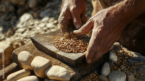 Close-up of hands processing grains on a stone slab with rocks, illustrating ancient food preparation methods and traditional agriculture practices.
