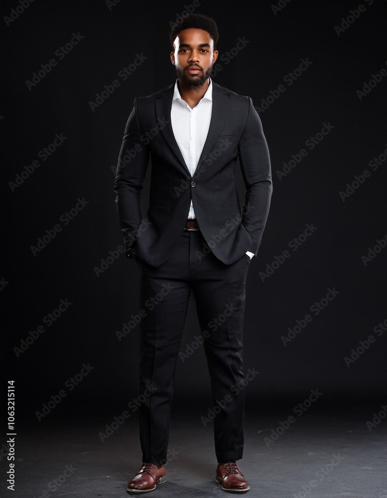 Full body of a handsome african american businessman posing on black studio background. Full body of a handsome african american businessman posing on black studio background.
