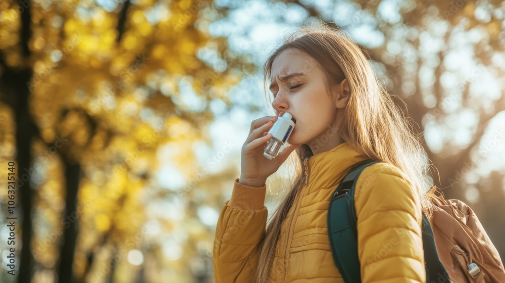 Asthma attack. Asthmatic girl suffering at park, searching for her inhaler in bag, free space Asthma attack. Asthmatic girl suffering at park, searching for her inhaler in bag, free space
