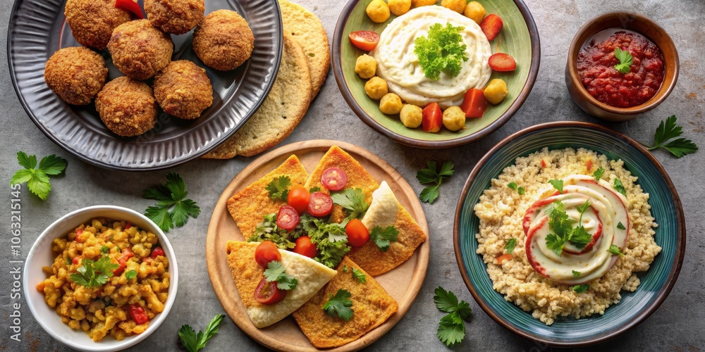 A Table Spread of Middle Eastern Delights with Hummus, Falafel, Pita Bread, and More, Middle Eastern Food, Arabic Cuisine, Hummus A Table Spread of Middle Eastern Delights with Hummus, Falafel, Pita Bread, and More, Middle Eastern Food, Arabic Cuisine, Hummus