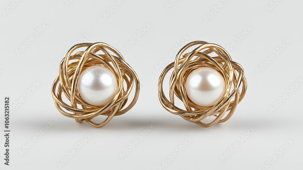 elegant and sculptural gold stud earrings with pearls, 
