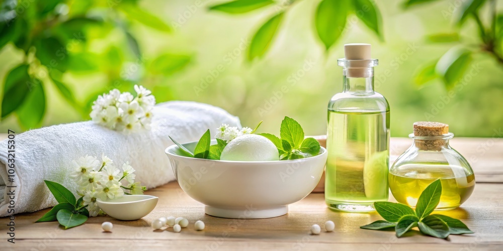 Aromatic Spa Essentials White Towel, Green Leaves, and Glass Bottles of Oil, Spa Treatment, Aromatherapy, Wellness, Relaxation Aromatic Spa Essentials White Towel, Green Leaves, and Glass Bottles of Oil, Spa Treatment, Aromatherapy, Wellness, Relaxation