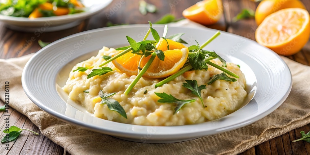 Creamy Potato Mash with Orange and Herbs, White Plate, Rustic Background, mashed potato, orange, herbs Creamy Potato Mash with Orange and Herbs, White Plate, Rustic Background, mashed potato, orange, herbs