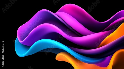3D render of colorful abstract waves on a black background, with a color scheme of purple, blue, orange, pink, and yellow.