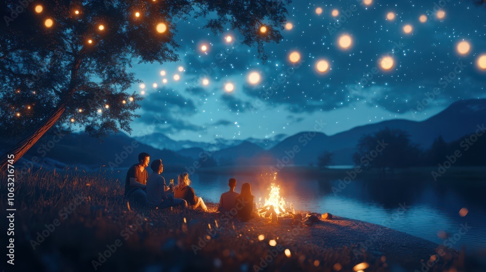 Gathering around a warm campfire with sparkling lights under a night sky in a serene outdoor setting Gathering around a warm campfire with sparkling lights under a night sky in a serene outdoor setting