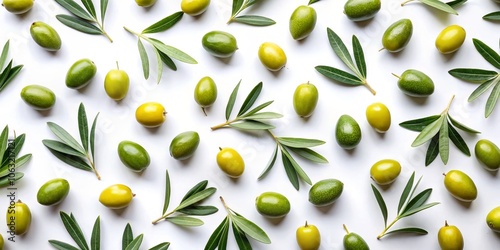 Green Olives and Leaves Flat Lay, white, olives, background photo