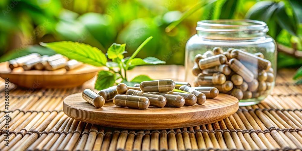 Herbal Supplement Capsules on Wooden Plate with Green Plant Background, natural remedies, herbal medicine, wellness, health Herbal Supplement Capsules on Wooden Plate with Green Plant Background, natural remedies, herbal medicine, wellness, health