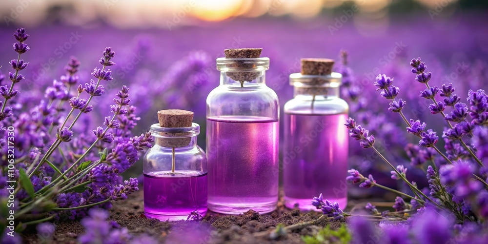 Lavender Essential Oil Bottles in Field of Lavender, Aromatherapy, Essential Oil, Lavender Field